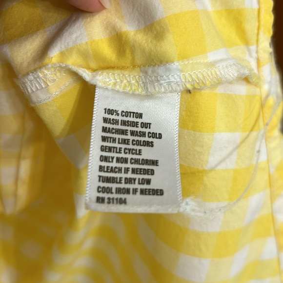 Long sleeve yellow and white check button down top. - Picture 3 of 5